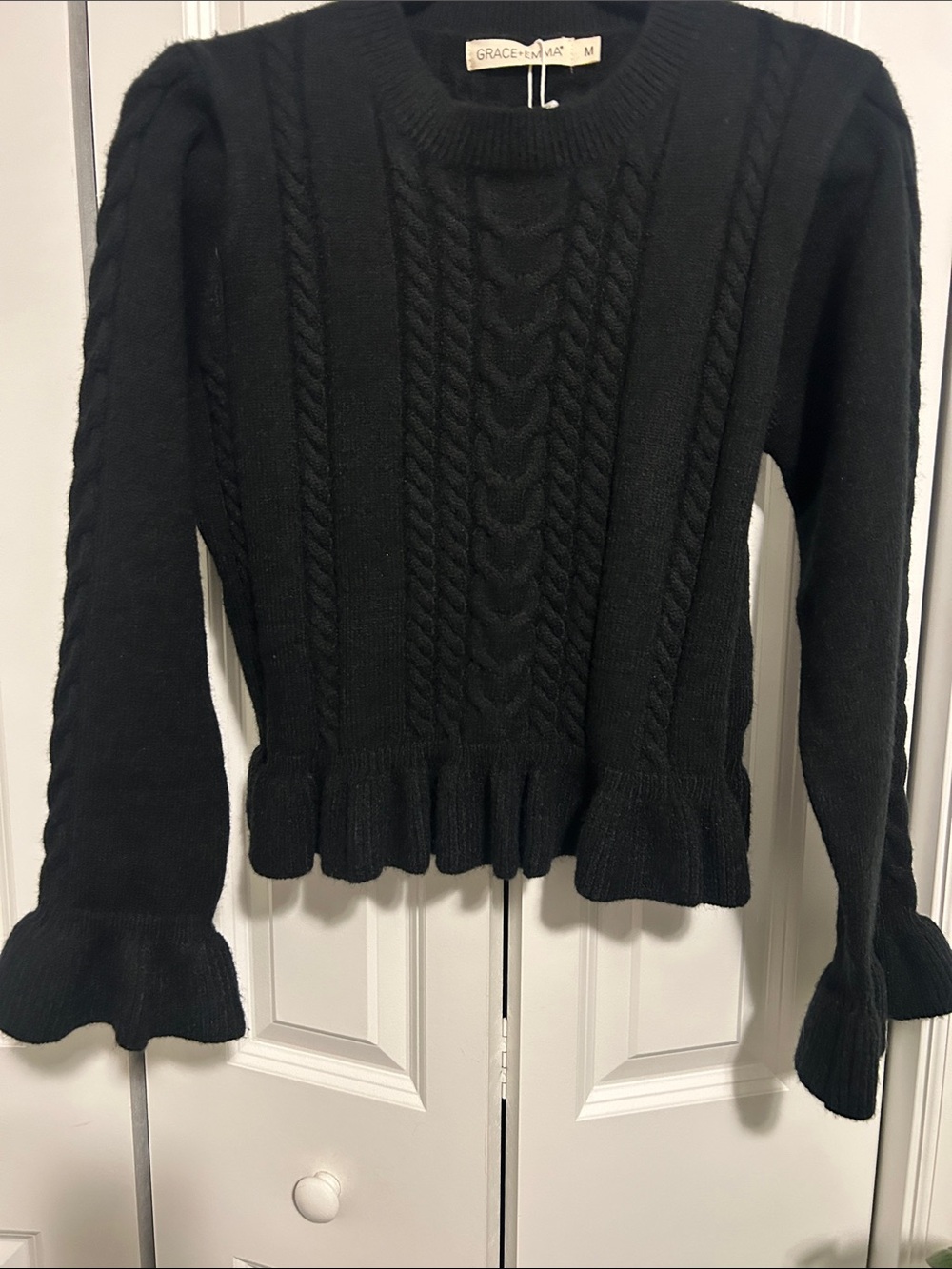 Grace Elements Black Cable Knit Ruffle-Hem Crewneck Sweater